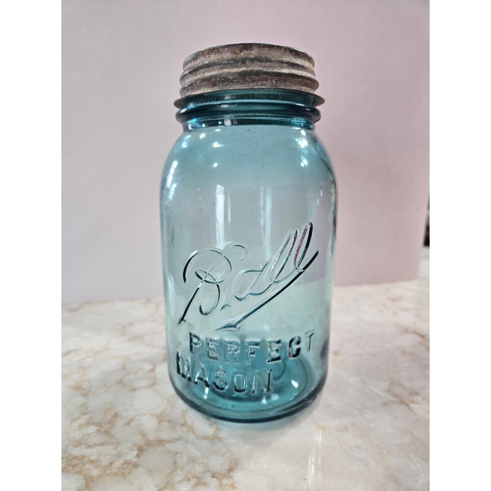 Vintage Aqua / Blue Ball Perfect Mason Jar Zinc Lid Painted 7" Tall Home Decor